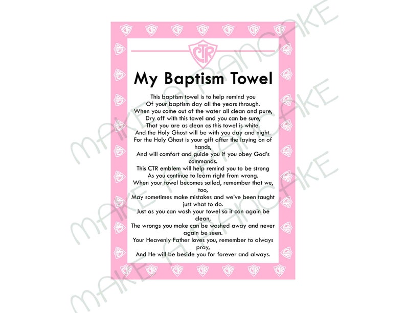 Instant Download LDS Baptism TOWEL CTR Towel Poem in Pink Jpeg | Etsy