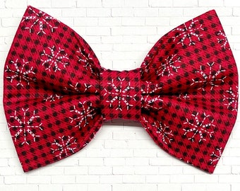 Buffalo Plaid Snowflakes Dog Bow