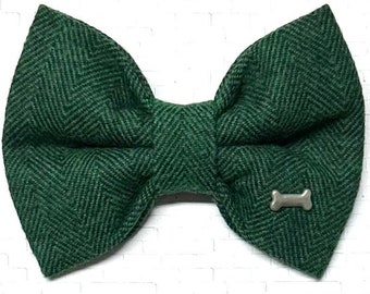 Green Herringbone Dog Bow/Matching Collar