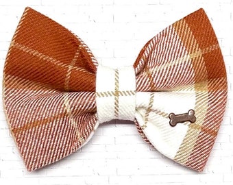 Dark Orange Plaid Flannel Dog Bow
