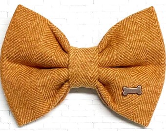 Orange Herringbone Dog Bow/Matching Dog Collar