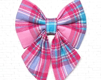 Pink Turquoise Plaid Sailor Bow/Bow Tie/Matching Collar