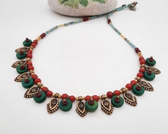 Boho Natural Stone Beaded Necklace –Handmade Turkish Artisan Necklace –Hippie Style–Valentine’s Day Gift for Her – Summer Statement Necklace