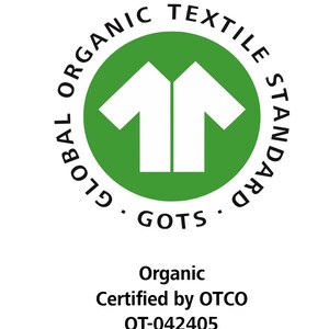 May include: Green circle with a white t-shirt icon and the text "GLOBAL ORGANIC TEXTILE STANDARD GOTS". Below the circle is the text "Organic Certified by OTCO OT-042405".