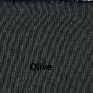 May include: Close-up of a textured fabric in a dark olive green color. The word "Olive" is printed in black, centered on the fabric. The fabric appears to be a tightly woven material.