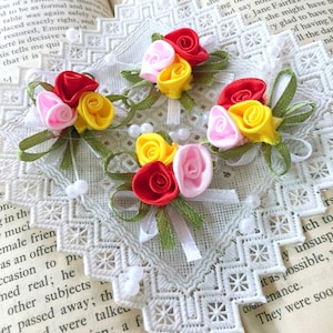 Mini Rose Bouquet, Mixed Craft Roses, Satin Ribbon Roses, Costume Applique, Doll Making, Craft Embellishment, Sewing Supply, Millinery Rose