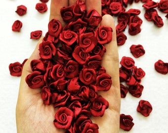 Burgundy Rose Buds 15mm,Small Satin Rose Applique, Mini Red Roses, Dark Red Fabric Flowers Sewing Costume Making Deep Red Roses for Crafts
