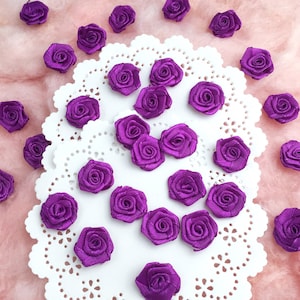 Purple Satin Roses 20-50pcs, Purple Fabric Roses, Ribbon Roses, Small Roses for Crafting, Mini Rose Heads, Sew on Flowers, Fabric Flowers