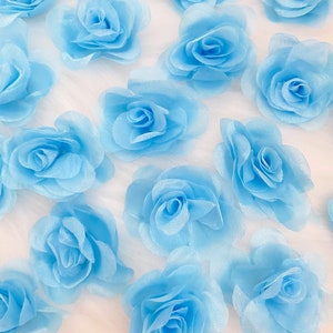 Hellblaue Organza-Rosen 2 ", Blaue Stoff-Rosen, Pastellblaue Blumen, Applikations-Rosen 3D Kostüm nähen Brautkleid blau Hochzeitsdeko
