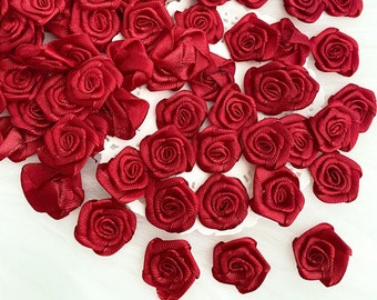 Dark Red Satin Roses 20mm, Small Red Roses, Fabric Rose Heads, Wedding Decor Cards making Sewing Rose Applique Red Satin Rosettes