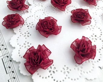 Red Fabric Carnation, Mini Shabby Flowers, Shabby Puffs, Burgundy Flowers, Tulle Bows, Dark Red Flowers, Burgundy Notions, Sewing Applique