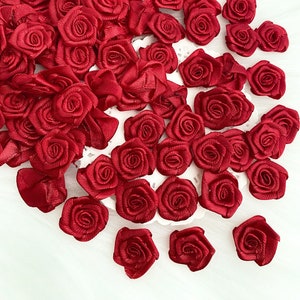 Dark Red Satin Roses 20mm, Small Red Roses, Fabric Rose Heads, Wedding Decor Cards making Sewing Rose Applique Red Satin Rosettes