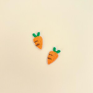 May include: Two embroidered carrot patches. Each patch features an orange carrot with green leaves and brown stripes. The patches are on a light beige background.
