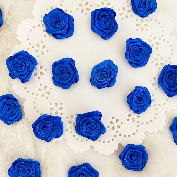 Blue Satin Roses (L), 3/4 inch, Fabric Rose Heads, Decorative Roses, Sewing Flowers, Millinery Roses, Fabric Blue Roses, small Rose Applique