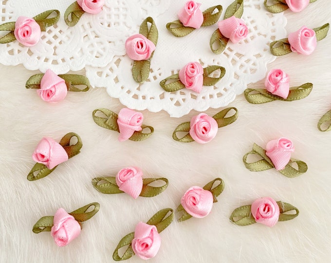 Small Pink Rosebuds 20mm, Mini Pink Satin Roses, Fabric Flowers for ...
