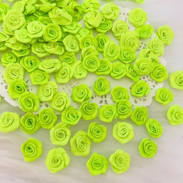 Small Lime Green Rose Buds 15mm (M), Neon Green Satin Roses, Small Craft Roses, Mini Fabric Roses, Green Ribbon Roses Sewing Cards Making