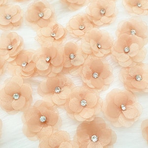 Blush Rhinestone Flowers 12pcs, Layered Organza Flower Small Sewing Flower Crafting Beaded Pearl Flowers Pastel, Wedding Decor Supply