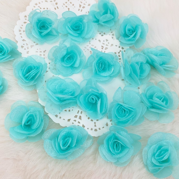 Turquoise Organza Roses 1.5inch, Blue Rose Flowers, Blue Fabric Roses, Wedding Flower Decor Costume Applique Small 3D Lace Rose