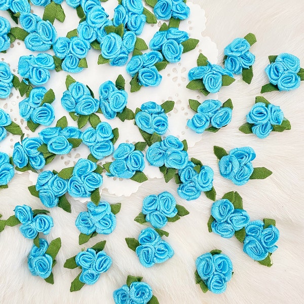 Light Blue Triple Roses, Blue Ribbon Roses, Mini Rose Bouquet, Rose Clusters, Satin Rose Buds, Pastel Fabric Flowers, Wedding Decor