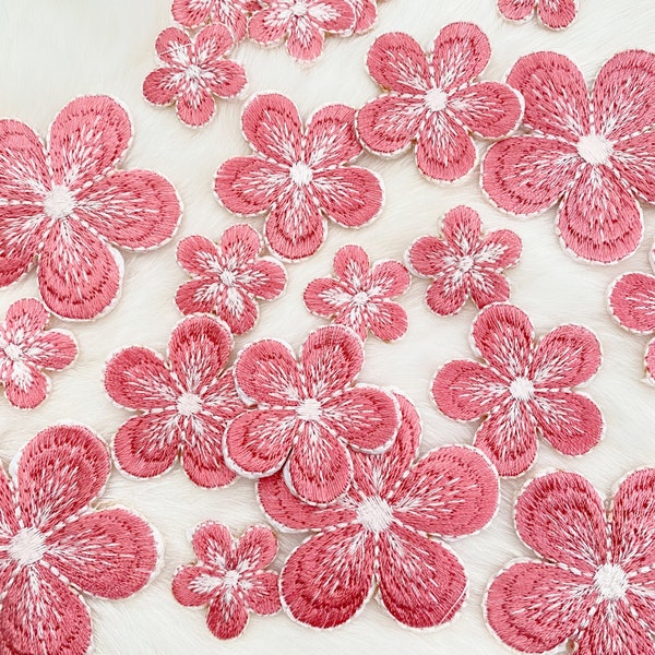 Pink Set Iron On Cherry Blossom 3 sizes,Dusty Pink Flowers Embroidery Applique, Small Floral Patch, Threaded Flowers,Sakura Flowers Sewing