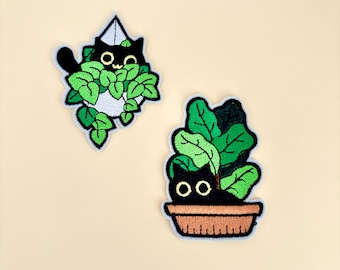 Black Cat with House Plant 1pc Iron on Patch- Cute Cat Badge Hanging Plants Monstera Fig Green Plant Patch, Jeans Tote Bag Vest Applique