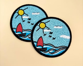 Sailboat Patch Iron On 1pc- Sailing Patch Sea Ocean Waves Sun and Sea Vacation Patch, Beach Adventure Badge, Coastal Outdoor Round Patches