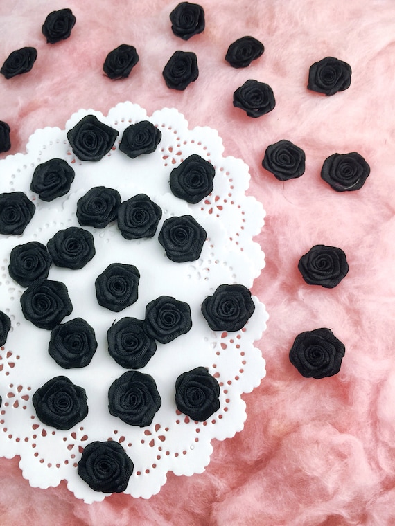 Black Satin Roses 20mm, Black Fabric Roses, Small Ribbon Roses