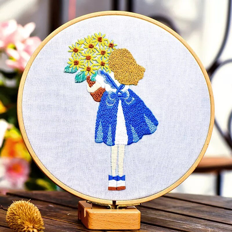 Little girl embroidery full kit 8inch girl with flower hand  etsy Little girl embroidery full kit 8inch girl with flower hand  etsy