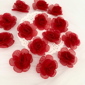Dark Red Organza Roses 30mm, Small Fabric Red Rose, Dress Costume Applique Flowers, 3D Rose Sew on Red Rose Patches, Burgundy Flowers