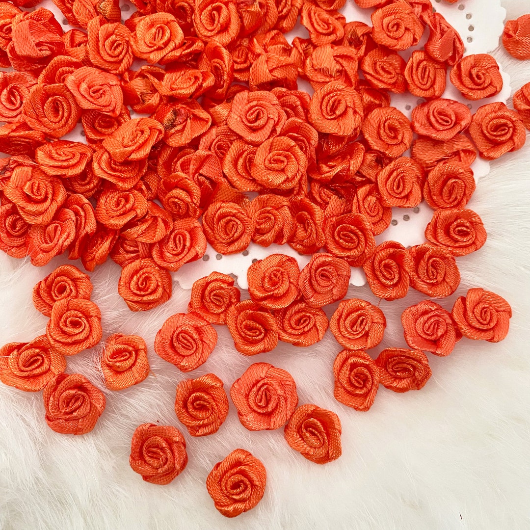 Small Bright Orange Rose Buds 15mm M Satin Ribbon Roses Card Making