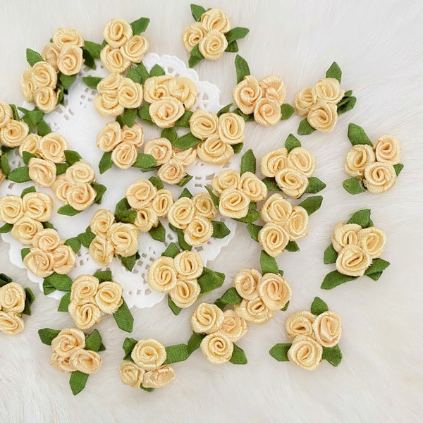 Mini Gold Trio Roses, Small Satin Rose, Gold Satin Rosettes,Card Making, Sewing Roses, Wedding Decor, Mini Appliqués, Fabric Craft Flower