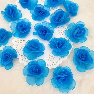 Blue Organza Roses 1.5inch, Blue Rose Flowers, Blue Fabric Roses, Wedding Decor Supply, Favor Making,Blue Craft Roses, Organza Flowers