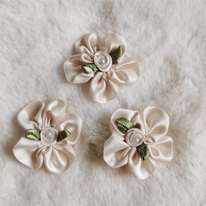 Ivory Tulle Flowers 10pcs 30mm, Satin Flowers, Small Craft Flowers for Sewing Applique, Doll Making Lingerie Costume, Pearl Rose Flower