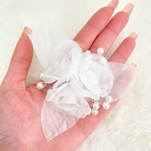 White Pearl Rose Cluster 4", Handmade Flower for Brooch Pin,Rose Corsage, Bridal Costume Applique Hat Making Large Organza Roses with Pearl