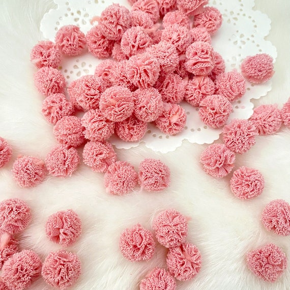 Misty Roses Tiny Pom Poms 15mm Tulle Lace Balls, Pink Mini Pom Pom,  Miniature Applique,soft Tulle Ribbon Pom, Craft Pompoms Pack 