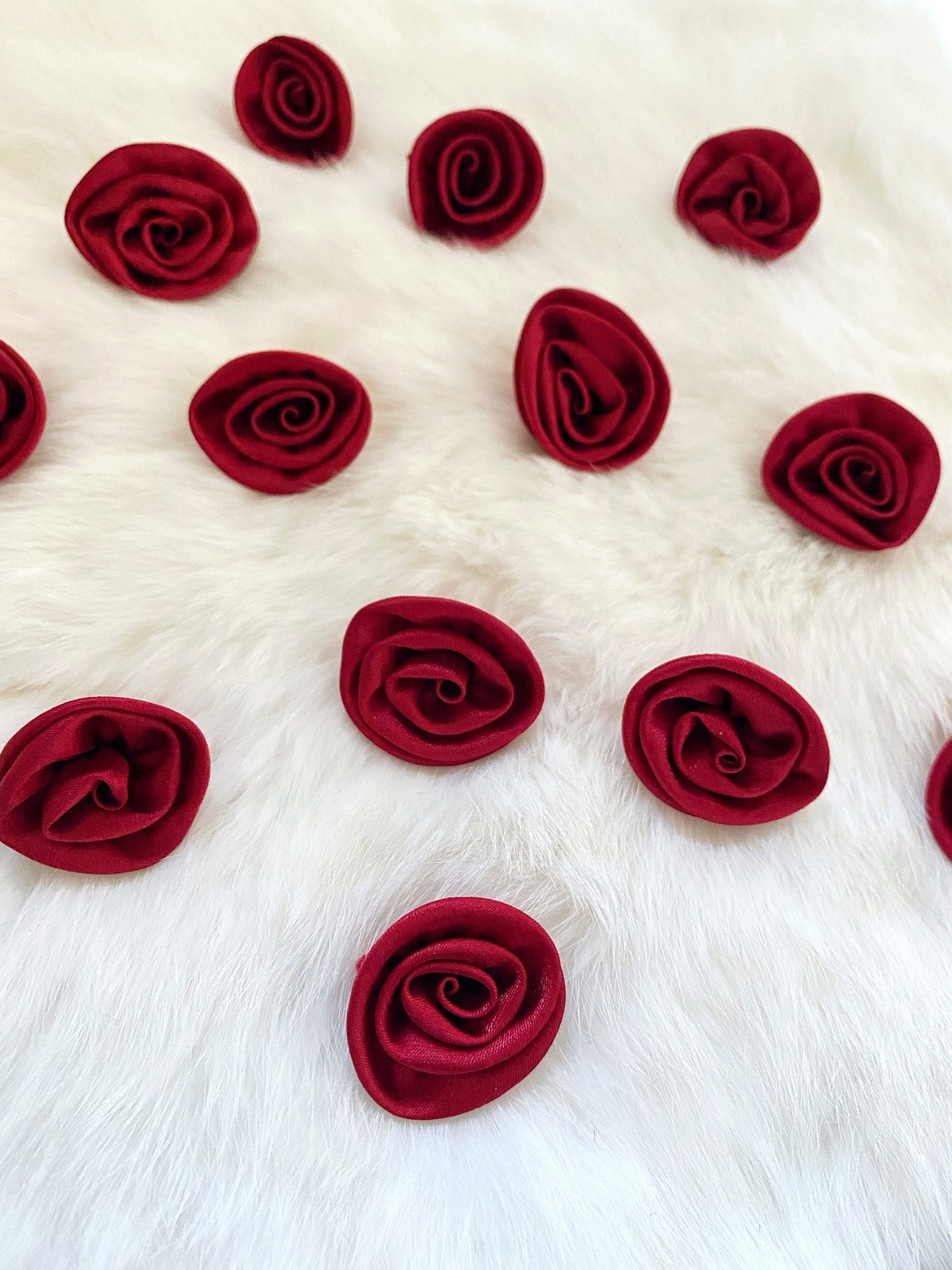 Red Ribbion Roses 10 Red Rolled Ribbon Roses, Satin Roses, Sewing Applique, Fabric Craft ...