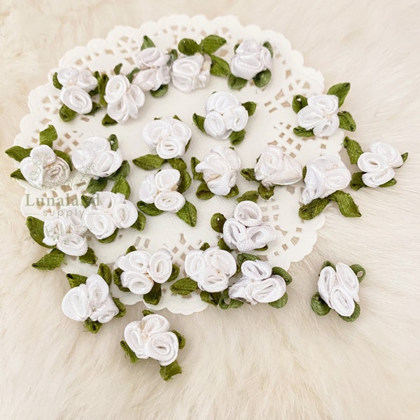 Tiny White Rose Bouquet 20mm, Small Satin roses, Rose Clusters, White Rose Buds, Pastel Fabric Flowers, Wedding Decor Sewing Cards Making