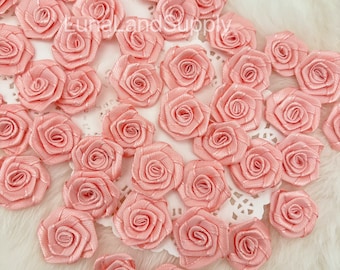 Blush Pink Satin Roses 20mm (L), Pink Ribbon Roses,3D Rose Applique, Pastel Pink Roses,Wedding Decor, Sewing Costume Bridal Dress Making