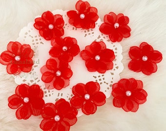 Red Cherry Blossom 1", Organza Flowers, Beaded Fabric Flowers, Doll Making Sew on Appliqué, Small Flowers with Pearl, Red Applique Flower