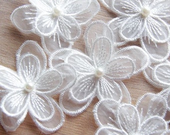 White Five Petals Lace Pearl Flowers, Embroidered Lace, Small 3D Floral Motif Applique, White Lace Trim, Bridal Lace Wedding Dress Sew on
