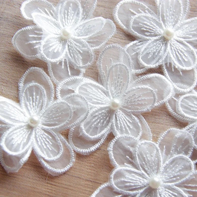White Five Petals Lace Pearl Flowers, Embroidered Lace, Small 3D Floral Motif Applique, White Lace Trim, Bridal Lace Wedding Dress Sew on image 1