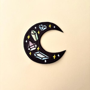 Crystal Patch Iron On 1pc- Crescent Moon Patch Witch Goth Patches Witchcraft Gifts, Cottage Core Fantasy Patch Gem Diamond Patch Embroidered