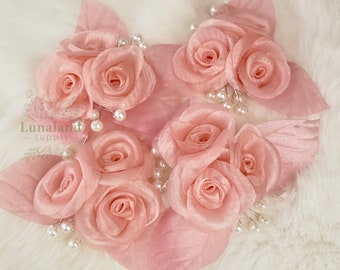 Roze roos cluster met parel 4", stoffige roze bloem, organza bloemenversiering, kostuumhoed maken naaien appliqué, handgemaakte parelbloem