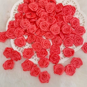 Roses en satin rose orange 20 mm, ruban rose fraise, petites roses en tissu, fleurs décoratives appliquées pour mariage, mini rosace, travaux manuels de couture
