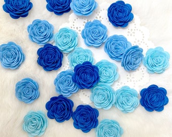 Blue Wool Felt Roses 24pcs, Felt Flowers, DIY Headband, Felt Fabric Roses, Dimensional Roses,3D Die Cut Flowers,Mini Posies,Blue Roses