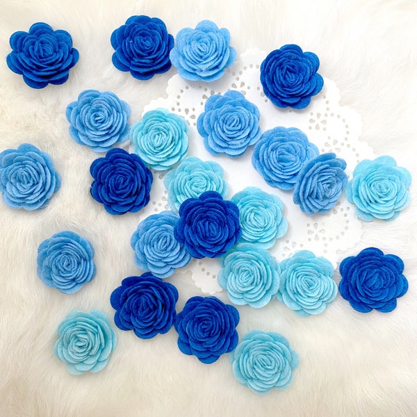 Blue Wool Felt Roses 24pcs, Felt Flowers, DIY Headband, Felt Fabric Roses, Dimensional Roses,3D Die Cut Flowers,Mini Posies,Blue Roses