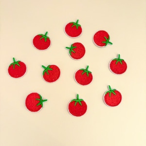 Pode incluir: Uma cole&ccedil;&atilde;o de onze patches bordados de tomate. Cada patch apresenta um tomate vermelho vibrante com um caule verde e uma borda branca. Os patches est&atilde;o espalhados em um fundo bege claro.