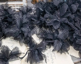 Black Organza Tulle Flowers Trim, 3D Floral Motif Applique, Tutu Flowers, Dress Costume Design, Big Lace Trim, Black Lace Flowers