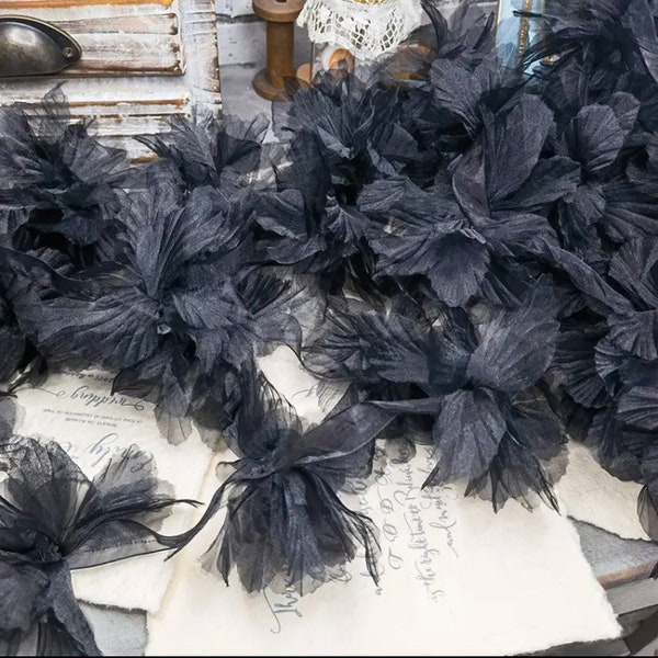 Black Silk Organza Tulle Flowers Trim, 3D Floral Motif Applique, Tutu Flowers, Dress Costume Design, Big Lace Trim, Black Lace Flowers