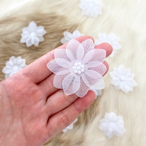 Organza Pearl Flowers 5pcs, Two Layers Flowers, Flowers Applique, Pink Fabric Flower, Sewing Costuming Bridal Accessories, Bead Flowers